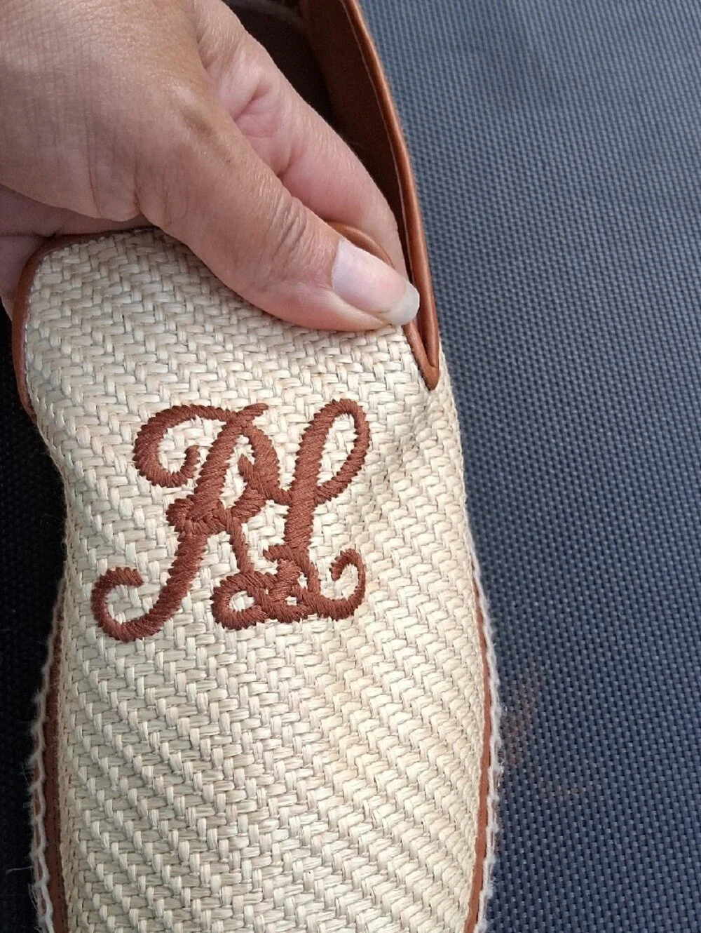 Ralph Lauren Cream Woven Slip-On Loafers with Brown Trim and Embroidered RL